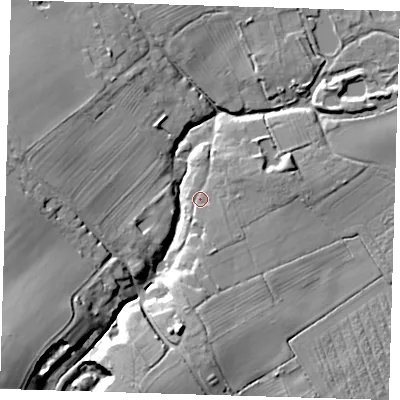 Shaded relief map of the ground around LN118LZ, computed from Environment Agency LiDAR. The ground here sits at about 31 m above sea level and falls 30 m across the surrounding 800 m. Surface water reaching this point runs off ground lying to the south, 4.5 m higher.