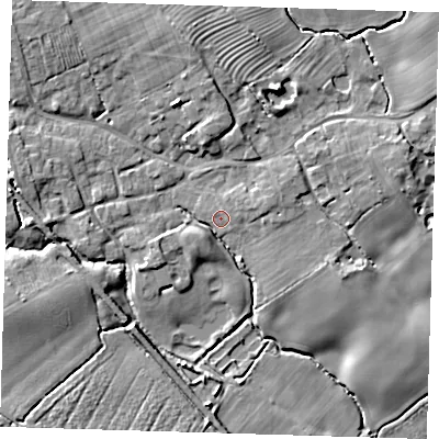 Shaded relief map of the ground around LN118NF, computed from Environment Agency LiDAR. The ground here sits at about 20 m above sea level and falls 10 m across the surrounding 800 m. Surface water reaching this point runs off ground lying to the north-north-west, 5.7 m higher.