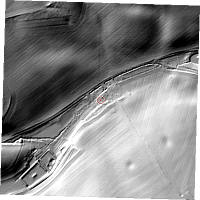 Shaded relief map of the ground around LN118PN, computed from Environment Agency LiDAR. The ground here sits at about 44 m above sea level and falls 34 m across the surrounding 800 m. Surface water reaching this point runs off ground lying to the south-south-east, 29.9 m higher.