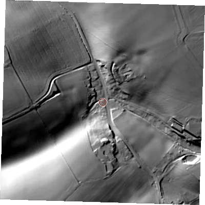 Shaded relief map of the ground around LN118PR, computed from Environment Agency LiDAR. The ground here sits at about 50 m above sea level and falls 37 m across the surrounding 800 m. Surface water reaching this point runs off ground lying to the south-west, 33.3 m higher.