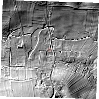 Shaded relief map of the ground around LN118QS, computed from Environment Agency LiDAR. The ground here sits at about 41 m above sea level and falls 28 m across the surrounding 800 m. Surface water reaching this point runs off ground lying to the south-south-west, 21.6 m higher.
