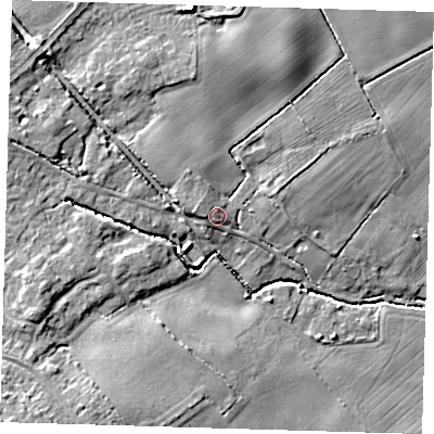 Shaded relief map of the ground around LN118SB, computed from Environment Agency LiDAR. The ground here sits at about 30 m above sea level and falls 11 m across the surrounding 800 m. Surface water reaching this point runs off ground lying to the west-north-west, 2.0 m higher.
