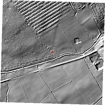 Shaded relief map of the ground around LN118SD, computed from Environment Agency LiDAR. The ground here sits at about 21 m above sea level and falls 8 m across the surrounding 800 m. Surface water reaching this point runs off ground lying to the west-north-west, 7.2 m higher.