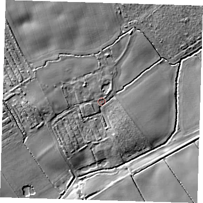 Shaded relief map of the ground around LN118SF, computed from Environment Agency LiDAR. The ground here sits at about 23 m above sea level and falls 12 m across the surrounding 800 m. Surface water reaching this point runs off ground lying to the west, 6.8 m higher.