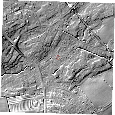Shaded relief map of the ground around LN118XA, computed from Environment Agency LiDAR. The ground here sits at about 31 m above sea level and falls 13 m across the surrounding 800 m. Surface water reaching this point runs off ground lying to the south-south-east, 3.9 m higher.