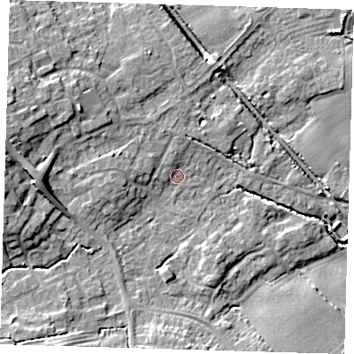 Shaded relief map of the ground around LN118XB, computed from Environment Agency LiDAR. The ground here sits at about 31 m above sea level and falls 12 m across the surrounding 800 m. Surface water reaching this point runs off ground lying to the north-north-west, 1.5 m higher.