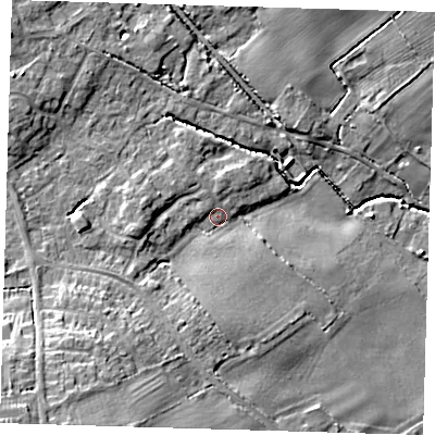 Shaded relief map of the ground around LN118YH, computed from Environment Agency LiDAR. The ground here sits at about 30 m above sea level and falls 17 m across the surrounding 800 m. Surface water reaching this point runs off ground lying to the south-west, 11.2 m higher.