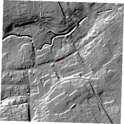 Shaded relief map of the ground around LN119AG, computed from Environment Agency LiDAR. The ground here sits at about 20 m above sea level and falls 25 m across the surrounding 800 m. Surface water reaching this point runs off ground lying to the south-west, 20.3 m higher.