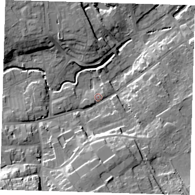 Shaded relief map of the ground around LN119AJ, computed from Environment Agency LiDAR. The ground here sits at about 20 m above sea level and falls 23 m across the surrounding 800 m. Surface water reaching this point runs off ground lying to the south-west, 18.3 m higher.