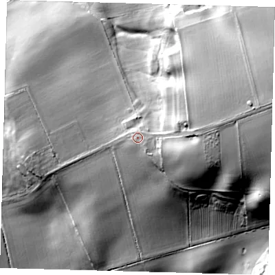 Shaded relief map of the ground around LN119QZ, computed from Environment Agency LiDAR. The ground here sits at about 105 m above sea level and falls 58 m across the surrounding 800 m. Surface water reaching this point runs off ground lying to the east-south-east, 6.3 m higher.