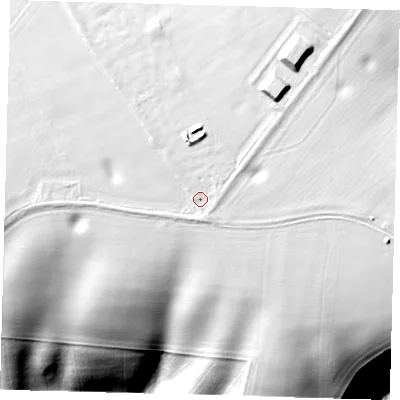 Shaded relief map of the ground around LN119RH, computed from Environment Agency LiDAR. The ground here sits at about 150 m above sea level and falls 59 m across the surrounding 800 m. Surface water reaching this point runs off ground lying to the north-north-east, 5.0 m higher.