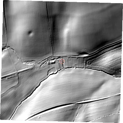 Shaded relief map of the ground around LN119RN, computed from Environment Agency LiDAR. The ground here sits at about 55 m above sea level and falls 39 m across the surrounding 800 m. Surface water reaching this point runs off ground lying to the north-north-west, 36.5 m higher.