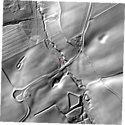 Shaded relief map of the ground around LN119RZ, computed from Environment Agency LiDAR. The ground here sits at about 46 m above sea level and falls 39 m across the surrounding 800 m. Surface water reaching this point runs off ground lying to the east-north-east, 34.2 m higher.