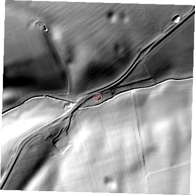 Shaded relief map of the ground around LN119SA, computed from Environment Agency LiDAR. The ground here sits at about 71 m above sea level and falls 38 m across the surrounding 800 m. Surface water reaching this point runs off ground lying to the north, 24.2 m higher.