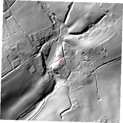 Shaded relief map of the ground around LN119SR, computed from Environment Agency LiDAR. The ground here sits at about 63 m above sea level and falls 31 m across the surrounding 800 m. Surface water reaching this point runs off ground lying to the south-west, 5.9 m higher.