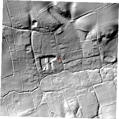 Shaded relief map of the ground around LN119UP, computed from Environment Agency LiDAR. The ground here sits at about 58 m above sea level and falls 29 m across the surrounding 800 m. Surface water reaching this point runs off ground lying to the north-north-west, 21.9 m higher.