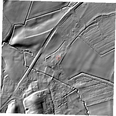 Shaded relief map of the ground around LN119XG, computed from Environment Agency LiDAR. The ground here sits at about 68 m above sea level and falls 16 m across the surrounding 800 m. Surface water reaching this point runs off ground lying to the east-north-east, 1.4 m higher.