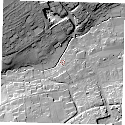 Shaded relief map of the ground around LN119YD, computed from Environment Agency LiDAR. The ground here sits at about 27 m above sea level and falls 36 m across the surrounding 800 m. Surface water reaching this point runs off ground lying to the south-east, 3.0 m higher.