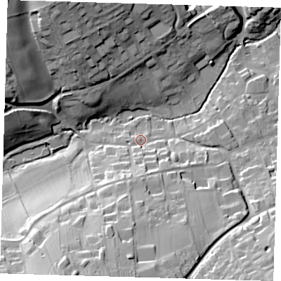 Shaded relief map of the ground around LN119YH, computed from Environment Agency LiDAR. The ground here sits at about 29 m above sea level and falls 36 m across the surrounding 800 m. Surface water reaching this point runs off ground lying to the south, 20.3 m higher.