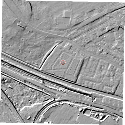 Shaded relief map of the ground around LN11AY, computed from Environment Agency LiDAR. The ground here sits at about 7 m above sea level and falls 12 m across the surrounding 800 m. The ground contributing surface water to this point lies to the west-south-west.
