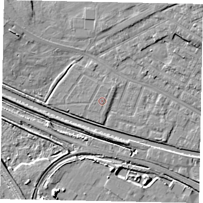 Shaded relief map of the ground around LN11AZ, computed from Environment Agency LiDAR. The ground here sits at about 7 m above sea level and falls 13 m across the surrounding 800 m. The ground contributing surface water to this point lies to the north-east.