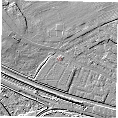Shaded relief map of the ground around LN11BB, computed from Environment Agency LiDAR. The ground here sits at about 6 m above sea level and falls 14 m across the surrounding 800 m. Surface water reaching this point runs off ground lying to the west, 1.3 m higher.