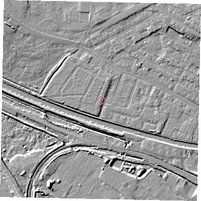 Shaded relief map of the ground around LN11BD, computed from Environment Agency LiDAR. The ground here sits at about 7 m above sea level and falls 12 m across the surrounding 800 m. The ground contributing surface water to this point lies to the west-north-west.