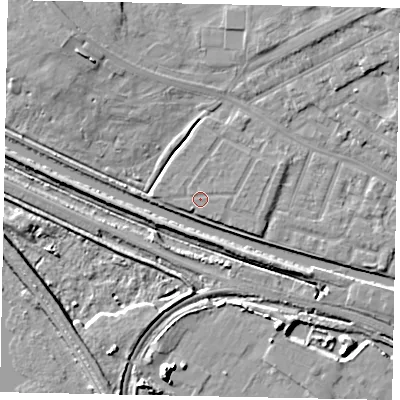 Shaded relief map of the ground around LN11BE, computed from Environment Agency LiDAR. The ground here sits at about 7 m above sea level and falls 9 m across the surrounding 800 m. The ground contributing surface water to this point lies to the south-west.