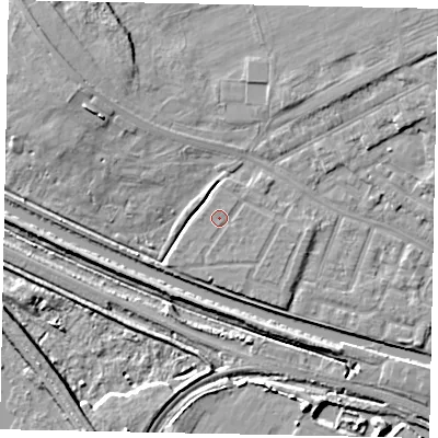 Shaded relief map of the ground around LN11BH, computed from Environment Agency LiDAR. The ground here sits at about 7 m above sea level and falls 11 m across the surrounding 800 m. The ground contributing surface water to this point lies to the south-south-west.