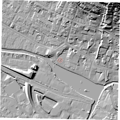 Shaded relief map of the ground around LN11BN, computed from Environment Agency LiDAR. The ground here sits at about 6 m above sea level and falls 57 m across the surrounding 800 m. Surface water reaching this point runs off ground lying to the north-north-east, 34.3 m higher.