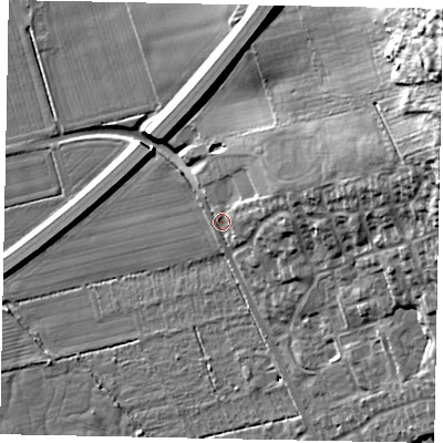 Shaded relief map of the ground around LN11EQ, computed from Environment Agency LiDAR. The ground here sits at about 15 m above sea level and falls 50 m across the surrounding 800 m. Surface water reaching this point runs off ground lying to the east-north-east, 4.0 m higher.