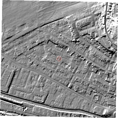 Shaded relief map of the ground around LN11PR, computed from Environment Agency LiDAR. The ground here sits at about 8 m above sea level and falls 46 m across the surrounding 800 m. Surface water reaching this point runs off ground lying to the north-east, 4.5 m higher.