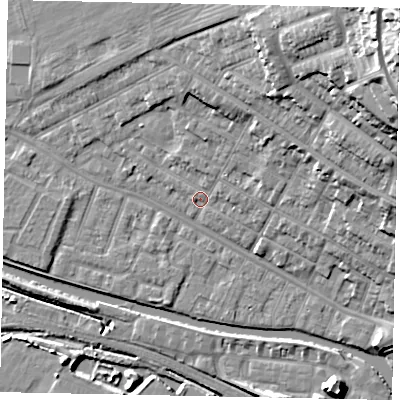 Shaded relief map of the ground around LN11PW, computed from Environment Agency LiDAR. The ground here sits at about 7 m above sea level and falls 36 m across the surrounding 800 m. Surface water reaching this point runs off ground lying to the north-east, 9.5 m higher.