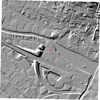 Shaded relief map of the ground around LN11RD, computed from Environment Agency LiDAR. The ground here sits at about 6 m above sea level and falls 30 m across the surrounding 800 m. Surface water reaching this point runs off ground lying to the south-east, 0.5 m higher.