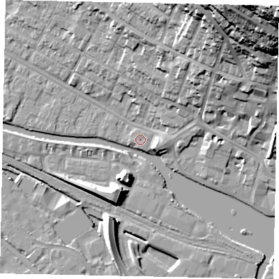 Shaded relief map of the ground around LN11RF, computed from Environment Agency LiDAR. The ground here sits at about 6 m above sea level and falls 54 m across the surrounding 800 m. The ground contributing surface water to this point lies to the south.
