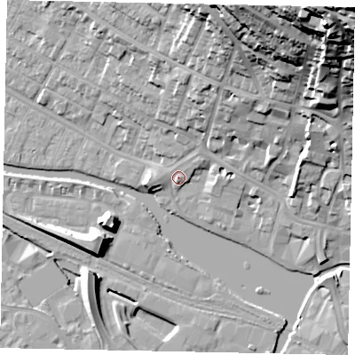 Shaded relief map of the ground around LN11RH, computed from Environment Agency LiDAR. The ground here sits at about 7 m above sea level and falls 63 m across the surrounding 800 m. Surface water reaching this point runs off ground lying to the north-east, 1.8 m higher.