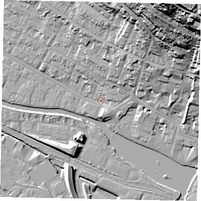 Shaded relief map of the ground around LN11RN, computed from Environment Agency LiDAR. The ground here sits at about 6 m above sea level and falls 59 m across the surrounding 800 m. Surface water reaching this point runs off ground lying to the north-east, 11.5 m higher.