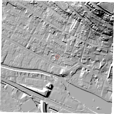 Shaded relief map of the ground around LN11RP, computed from Environment Agency LiDAR. The ground here sits at about 7 m above sea level and falls 61 m across the surrounding 800 m. Surface water reaching this point runs off ground lying to the north-east, 9.8 m higher.