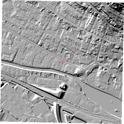 Shaded relief map of the ground around LN11RR, computed from Environment Agency LiDAR. The ground here sits at about 5 m above sea level and falls 57 m across the surrounding 800 m. Surface water reaching this point runs off ground lying to the east-north-east, 11.6 m higher.