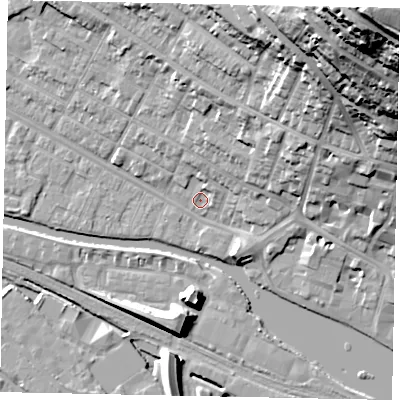 Shaded relief map of the ground around LN11RS, computed from Environment Agency LiDAR. The ground here sits at about 6 m above sea level and falls 60 m across the surrounding 800 m. Surface water reaching this point runs off ground lying to the north-north-east, 4.8 m higher.