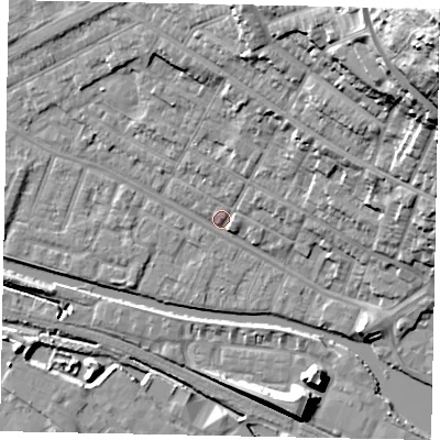 Shaded relief map of the ground around LN11RT, computed from Environment Agency LiDAR. The ground here sits at about 6 m above sea level and falls 48 m across the surrounding 800 m. Surface water reaching this point runs off ground lying to the north-east, 25.1 m higher.