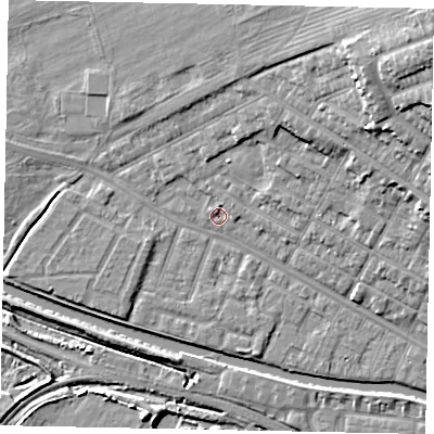 Shaded relief map of the ground around LN11RU, computed from Environment Agency LiDAR. The ground here sits at about 6 m above sea level and falls 24 m across the surrounding 800 m. Surface water reaching this point runs off ground lying to the north-east, 1.2 m higher.