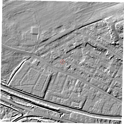 Shaded relief map of the ground around LN11RY, computed from Environment Agency LiDAR. The ground here sits at about 6 m above sea level and falls 22 m across the surrounding 800 m. Surface water reaching this point runs off ground lying to the north-east, 13.4 m higher.