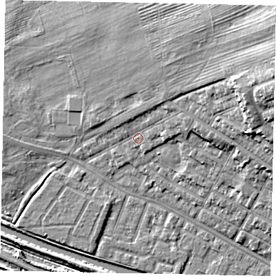 Shaded relief map of the ground around LN11RZ, computed from Environment Agency LiDAR. The ground here sits at about 7 m above sea level and falls 24 m across the surrounding 800 m. Surface water reaching this point runs off ground lying to the east-north-east, 18.1 m higher.