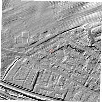 Shaded relief map of the ground around LN11SB, computed from Environment Agency LiDAR. The ground here sits at about 7 m above sea level and falls 25 m across the surrounding 800 m. Surface water reaching this point runs off ground lying to the north-east, 3.5 m higher.