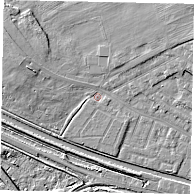 Shaded relief map of the ground around LN11SE, computed from Environment Agency LiDAR. The ground here sits at about 6 m above sea level and falls 14 m across the surrounding 800 m. Surface water reaching this point runs off ground lying to the west, 1.6 m higher.