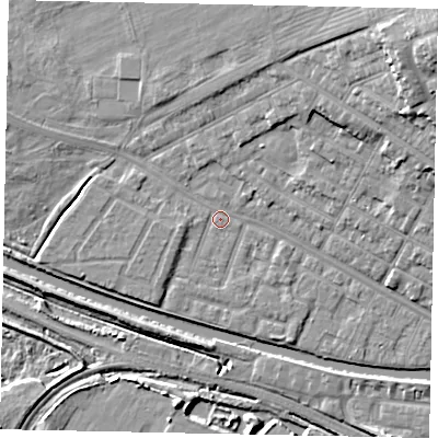 Shaded relief map of the ground around LN11SH, computed from Environment Agency LiDAR. The ground here sits at about 6 m above sea level and falls 20 m across the surrounding 800 m. Surface water reaching this point runs off ground lying to the north-east, 17.6 m higher.