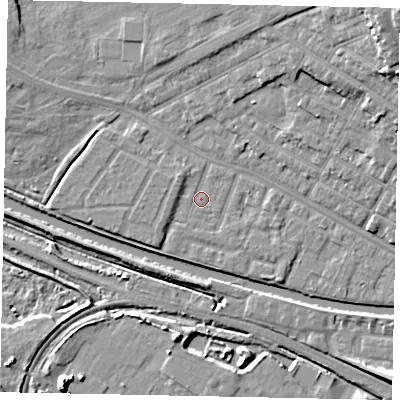 Shaded relief map of the ground around LN11SJ, computed from Environment Agency LiDAR. The ground here sits at about 6 m above sea level and falls 18 m across the surrounding 800 m. Surface water reaching this point runs off ground lying to the west-south-west, 1.4 m higher.