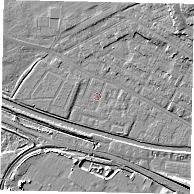 Shaded relief map of the ground around LN11SL, computed from Environment Agency LiDAR. The ground here sits at about 6 m above sea level and falls 20 m across the surrounding 800 m. Surface water reaching this point runs off ground lying to the south-south-west, 0.9 m higher.