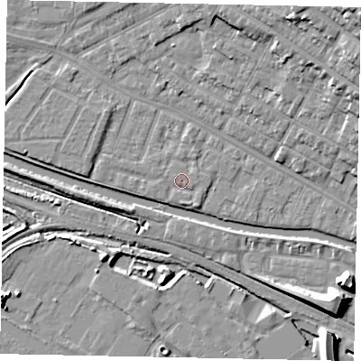 Shaded relief map of the ground around LN11SN, computed from Environment Agency LiDAR. The ground here sits at about 6 m above sea level and falls 19 m across the surrounding 800 m. Surface water reaching this point runs off ground lying to the south, 1.1 m higher.